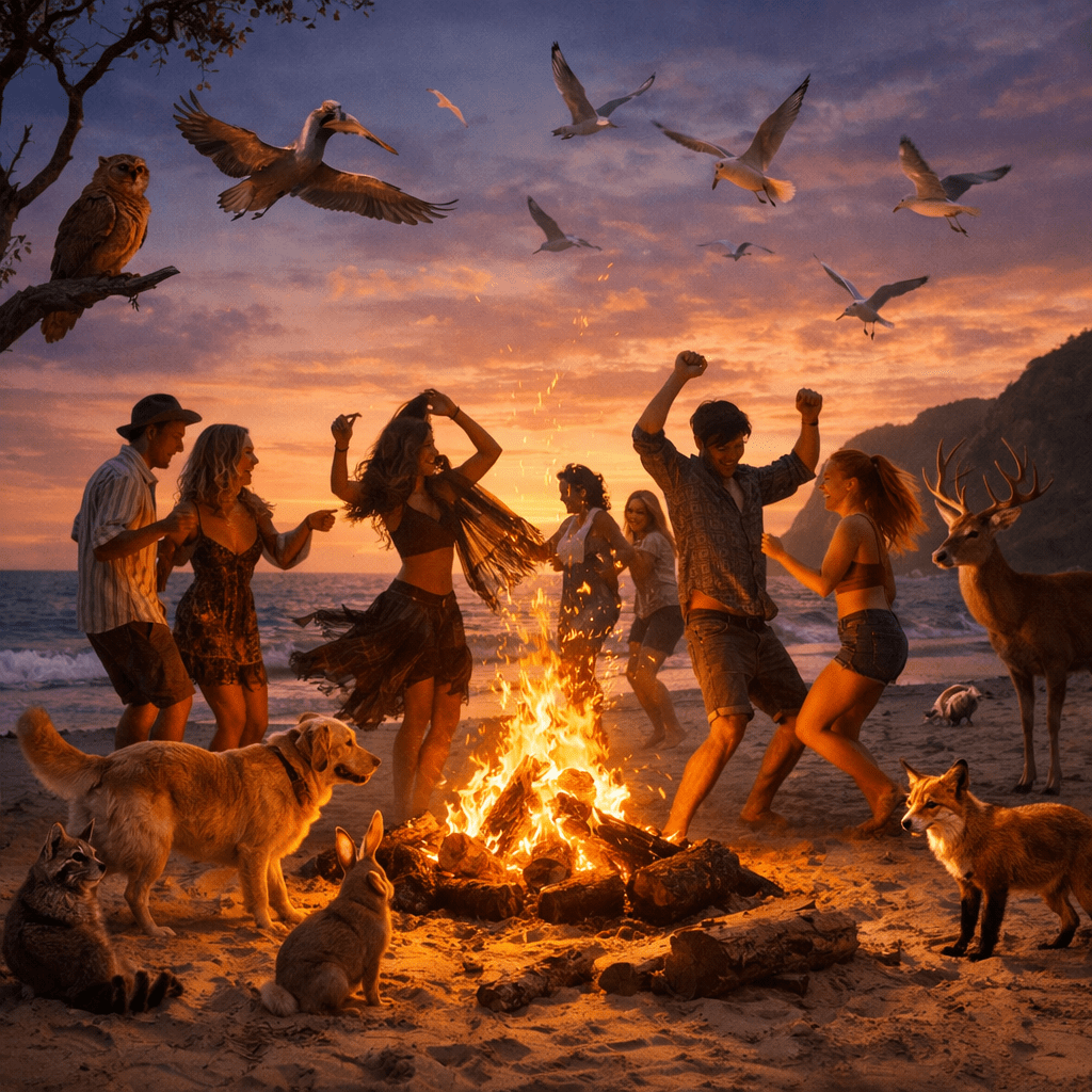 People dancing around a bonfire on the beach at sunset with animals nearby