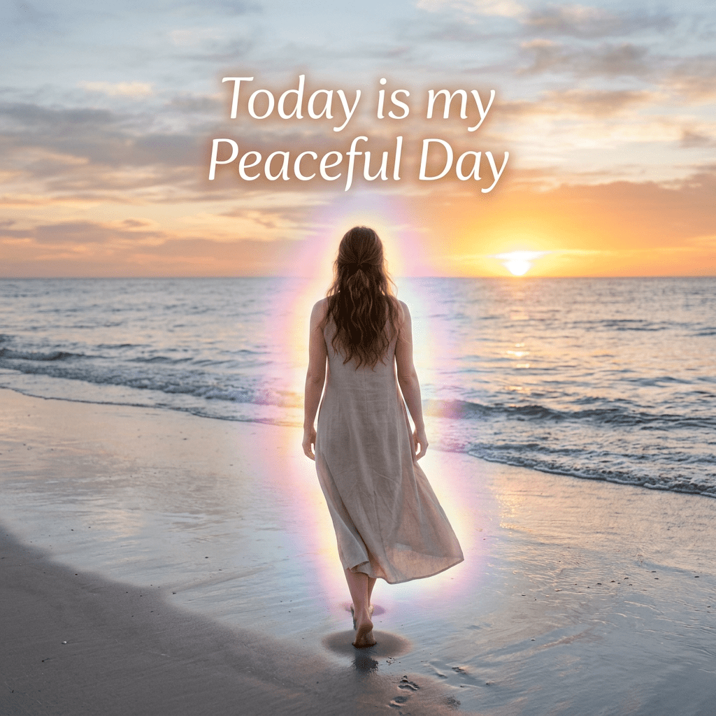 Woman walking barefoot on beach at sunset with text Today is my Peaceful Day