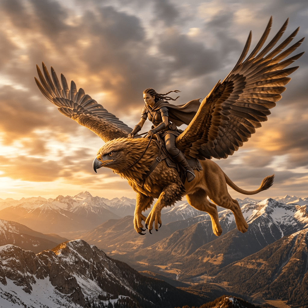 A warrior woman with braided hair rides a large griffin flying above mountainous landscape during sunset.