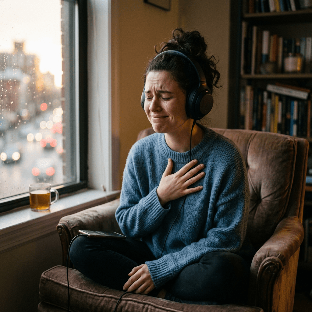 Young woman sitting on armchair near window with headphones, emotional expression