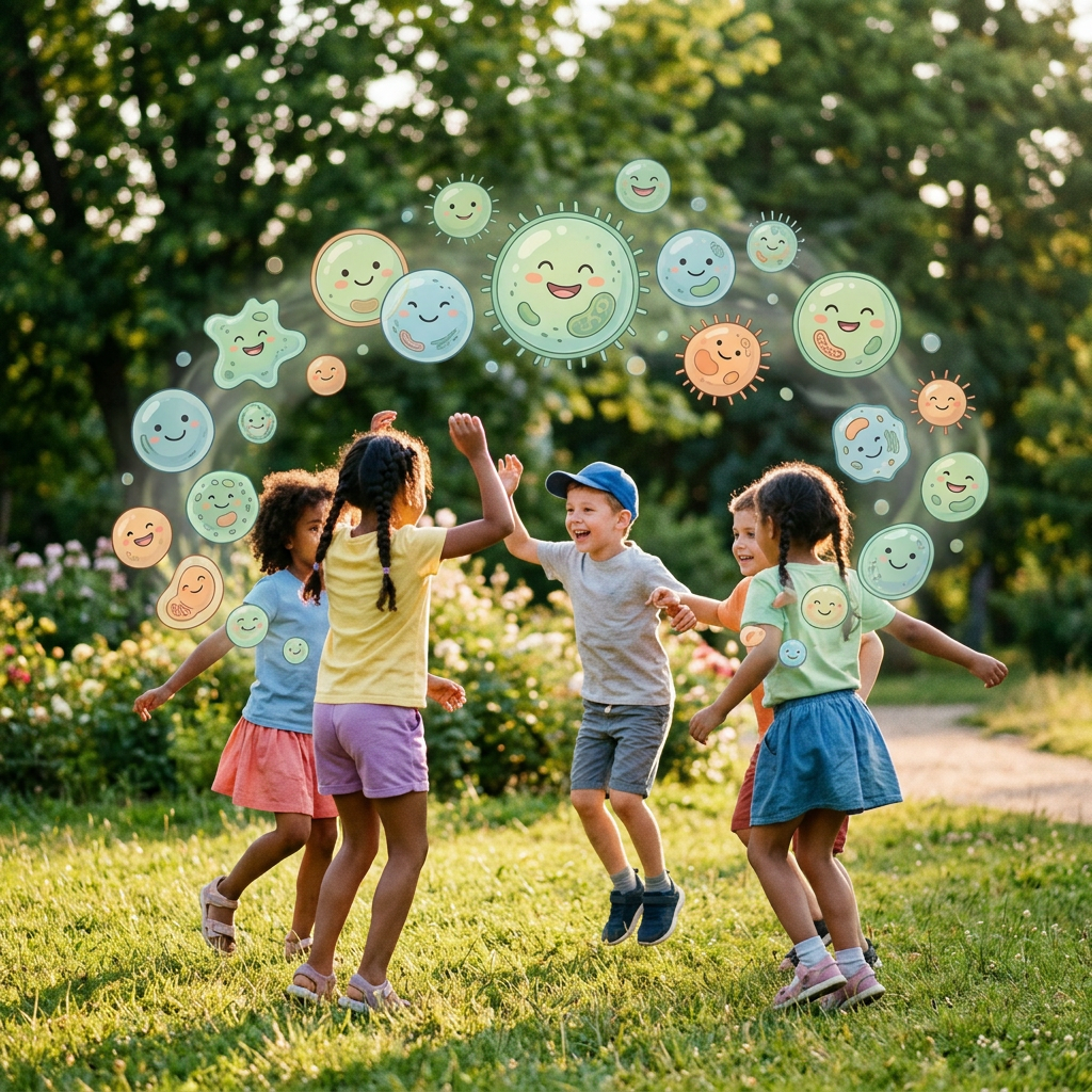 Children playing in a park with smiling microbe illustrations floating above them