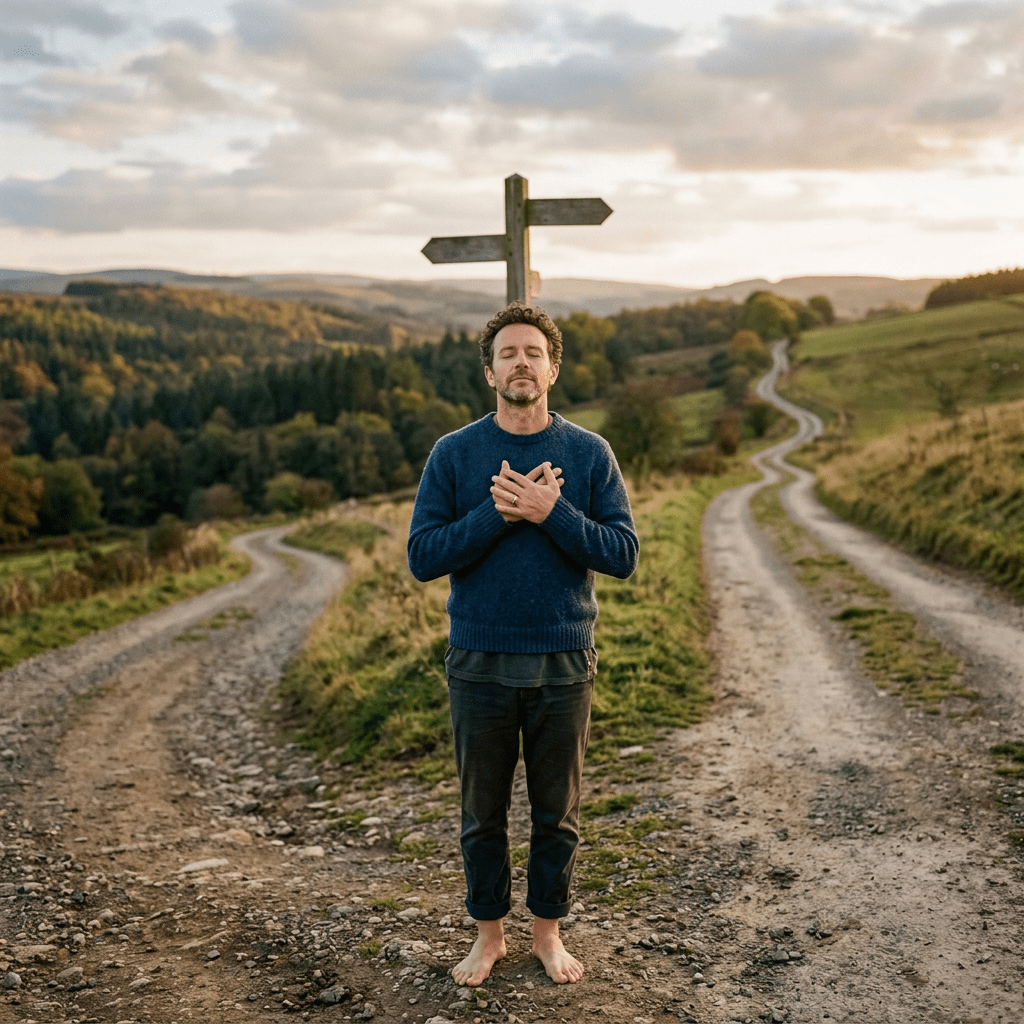 Man standing barefoot with eyes closed and hands crossed at a country forked path.