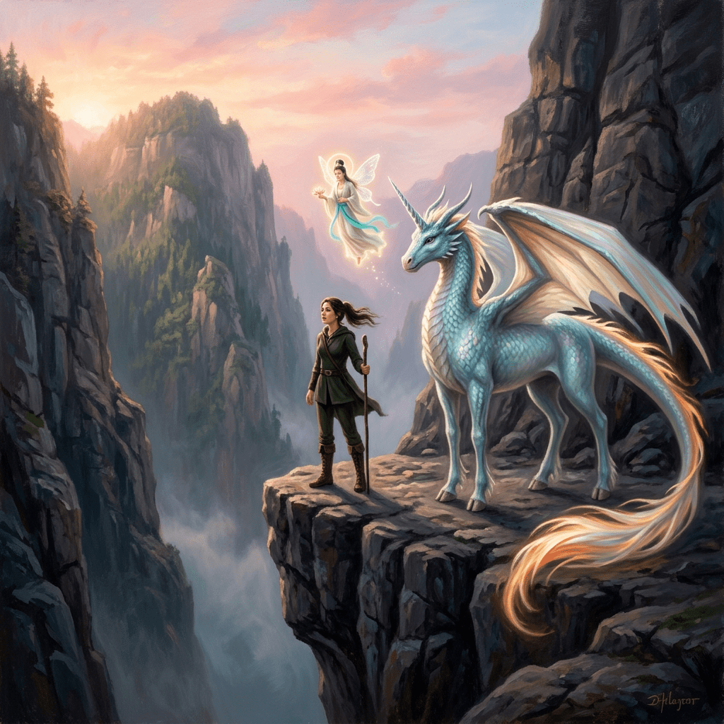A young person in green with staff stands beside a blue dragon and a glowing fairy on a cliff at sunrise over mountains