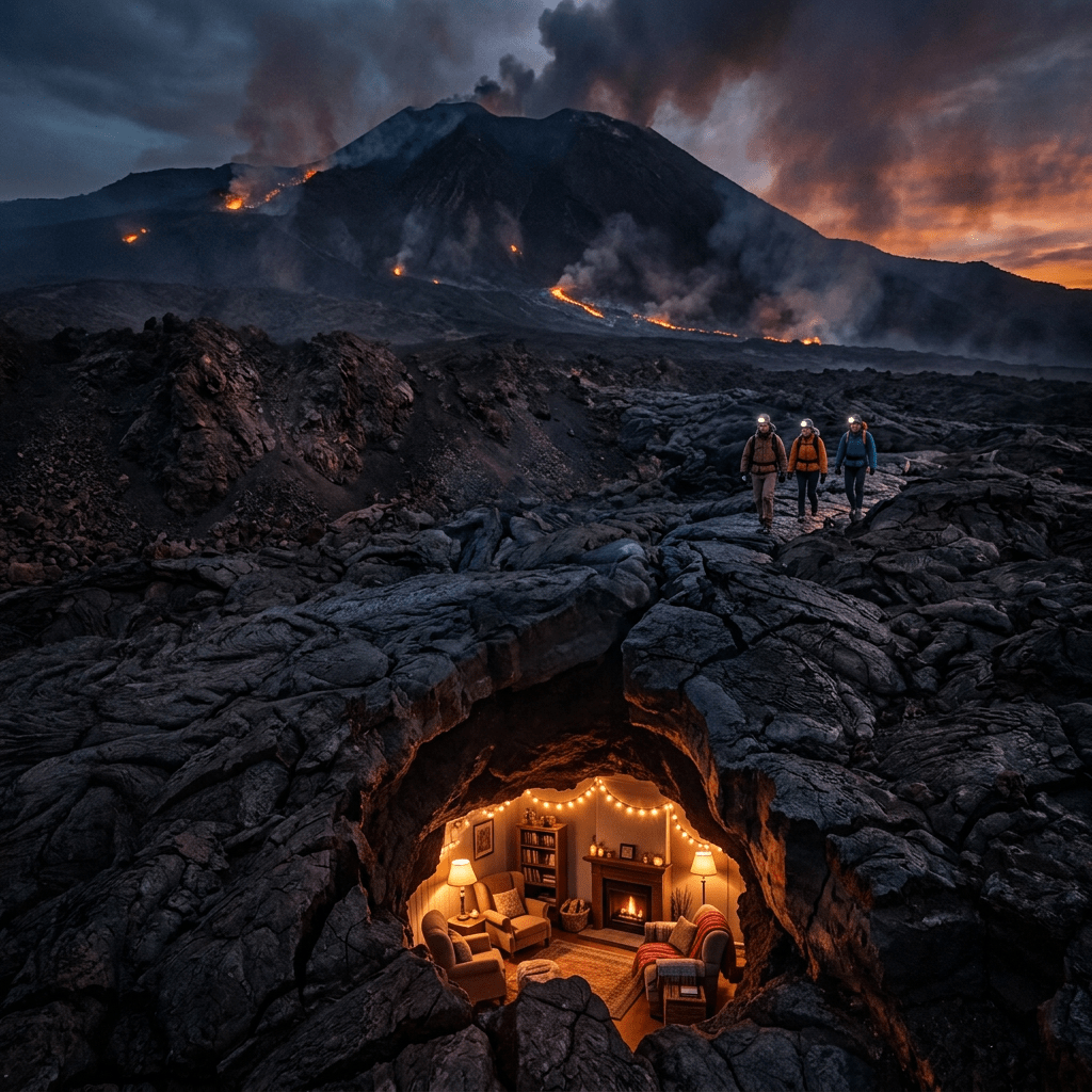 Lava flowing from erupting volcano with glowing molten rock and smoke