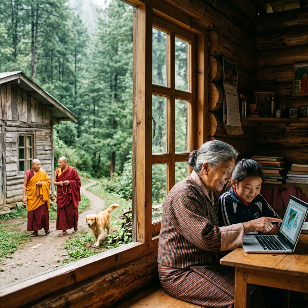 Elder and child using a laptop inside a cabin near two monks and a dog