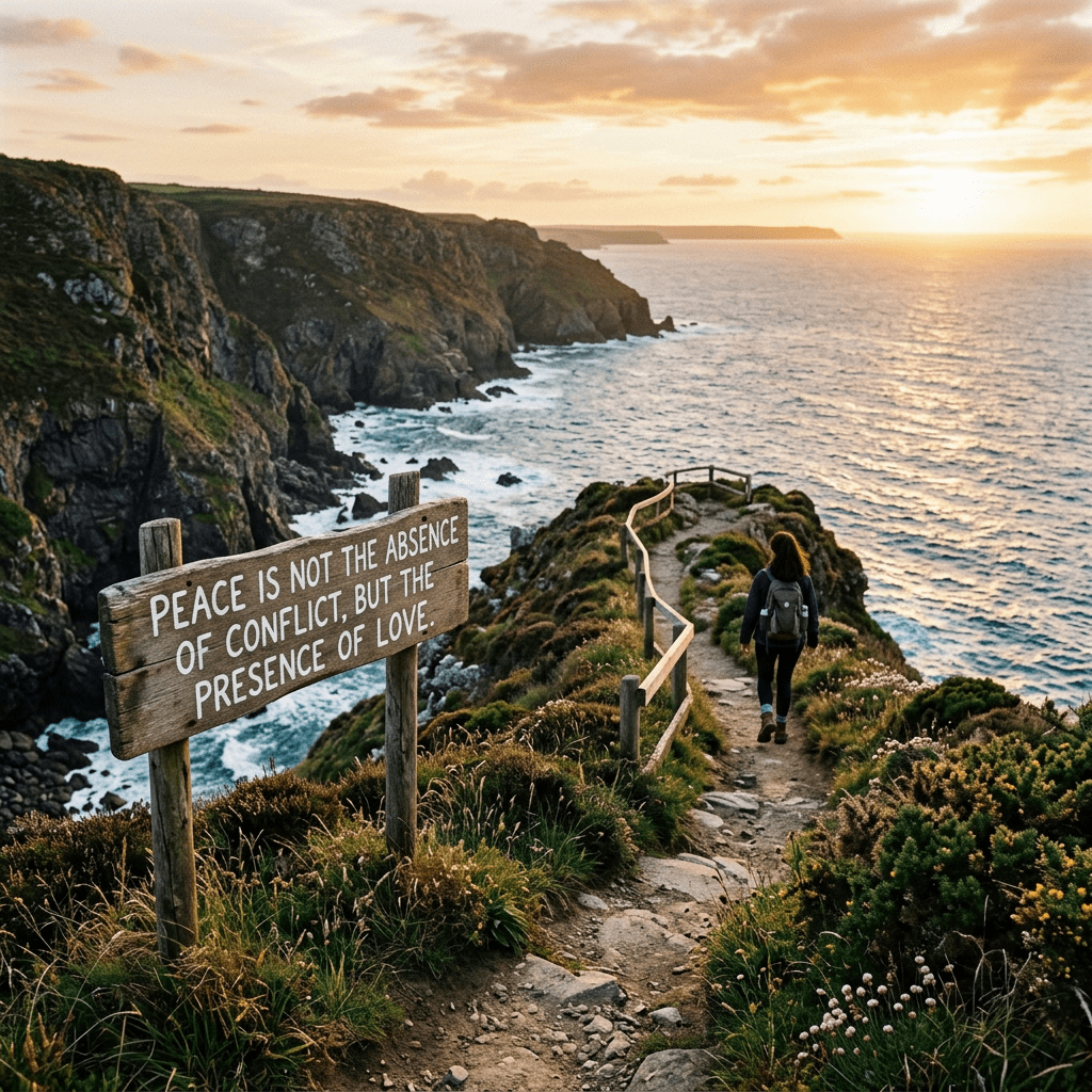 Hiker walking coastal cliff path beside sign reading “Peace is not the absence of conflict, but the presence of love.”