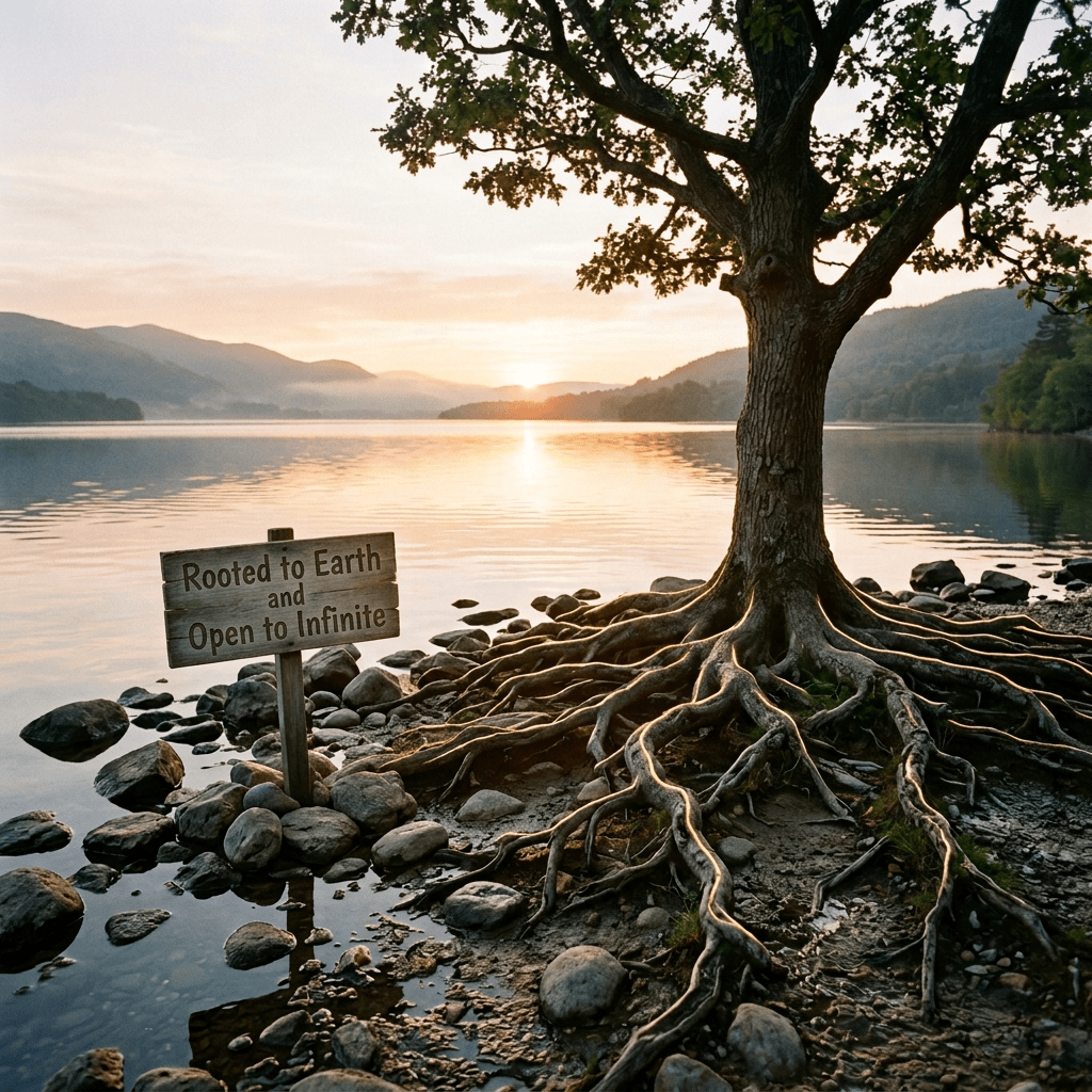 Tree and sign reading “RISE WITH THE SUN” beside a sunrise lake