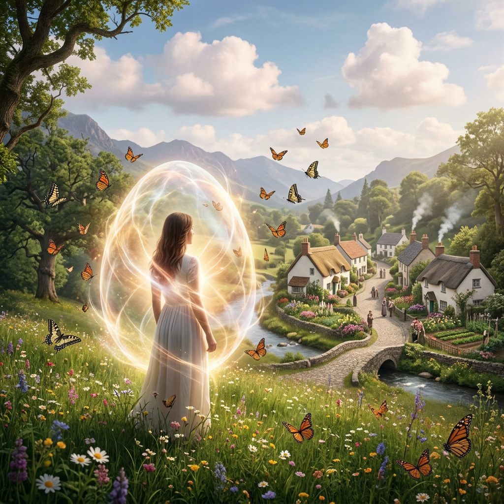 Woman in glowing sphere overlooking a flower-filled village valley